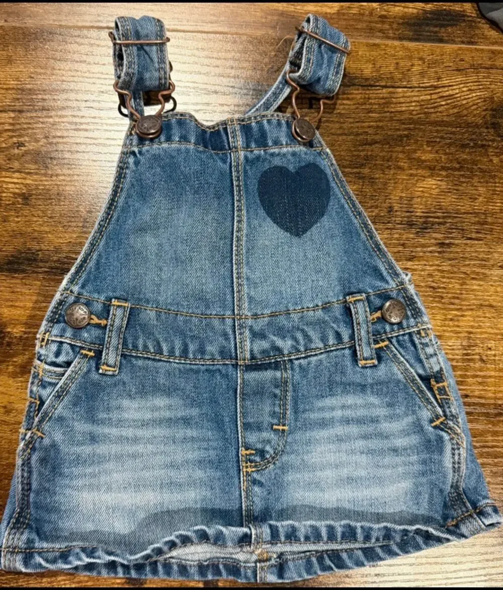 OshKosh B'gosh Baby Girl Denim Heart Skirtall Overall Dress 6M